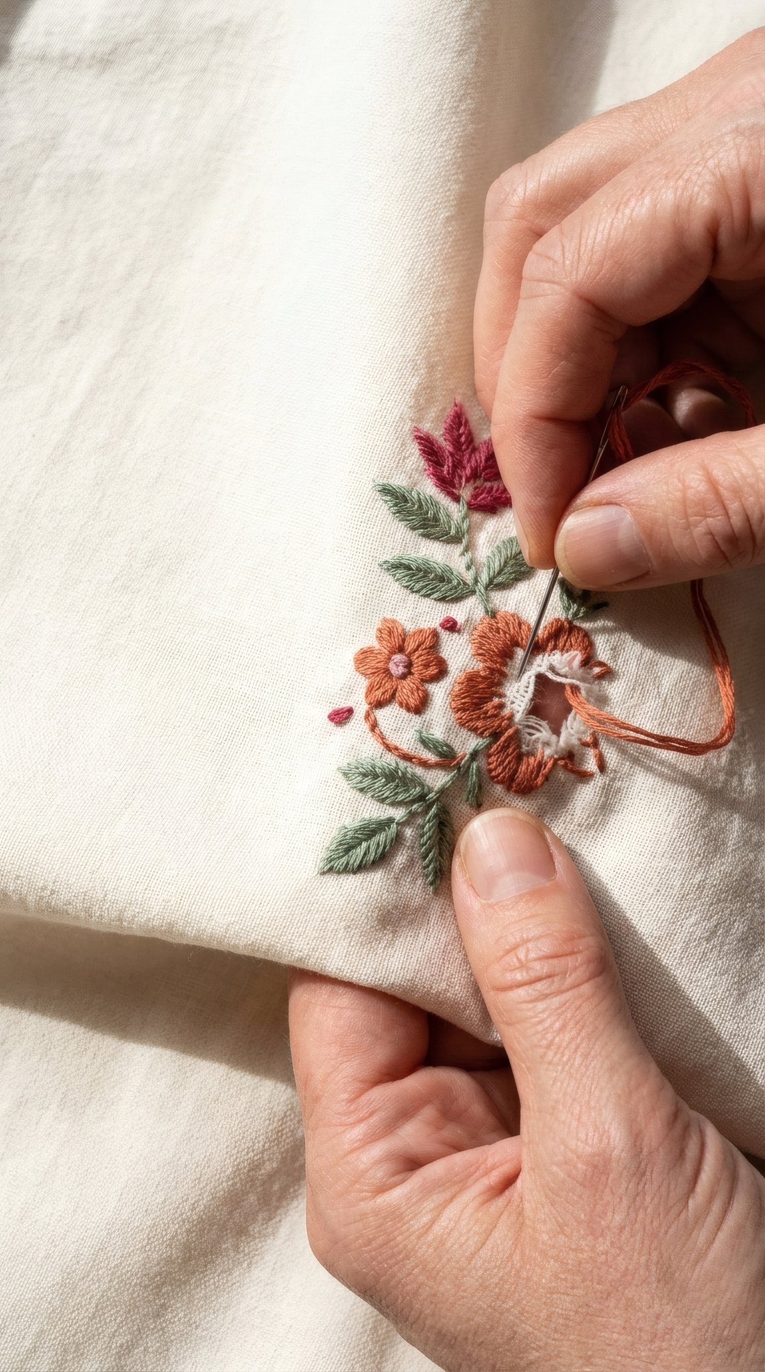 Dettaglio mani che ricamano un fiore su tessuto